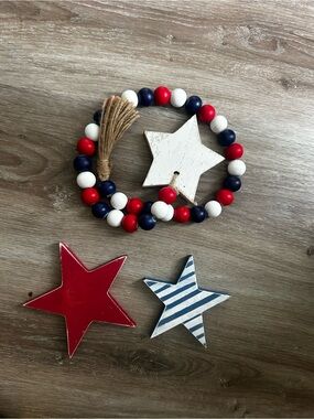 Patriotic Red White Blue Wooden Bead Garland & two wood stars - tray decor
